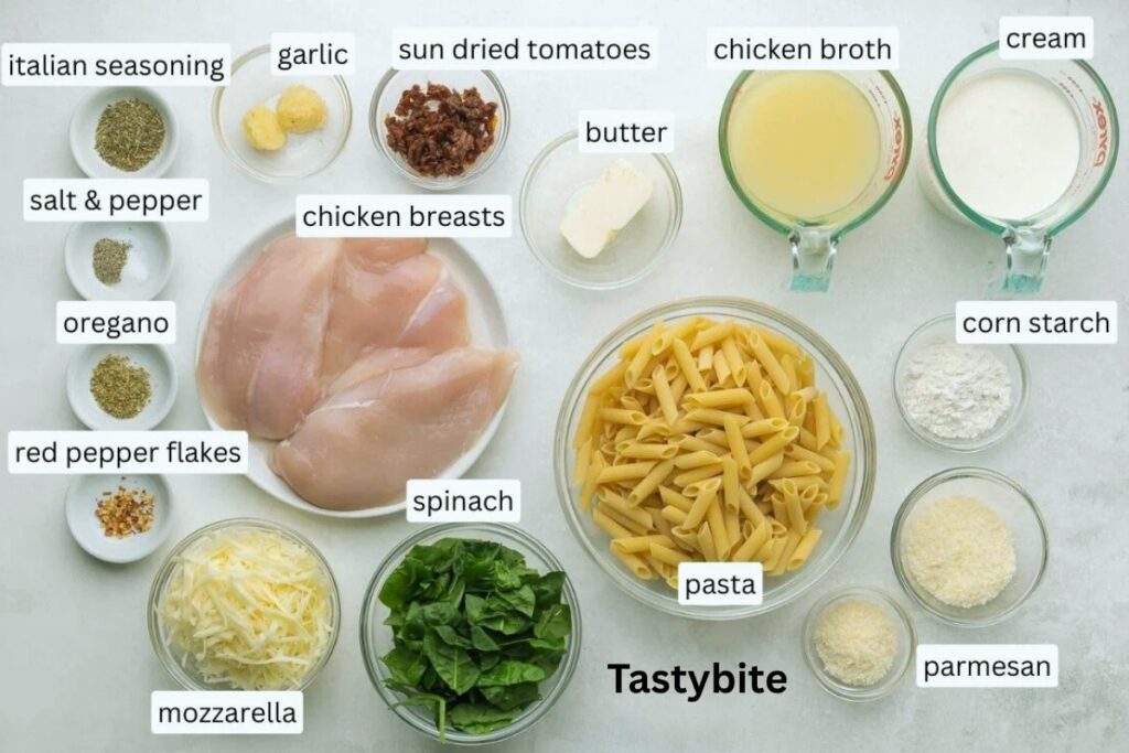 Ingredients for Creamy Tuscan Chicken Pasta