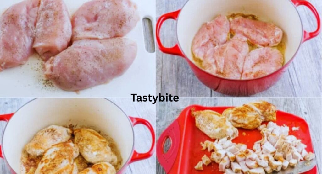 Preparing chicken for Tetrazzini Casseroe