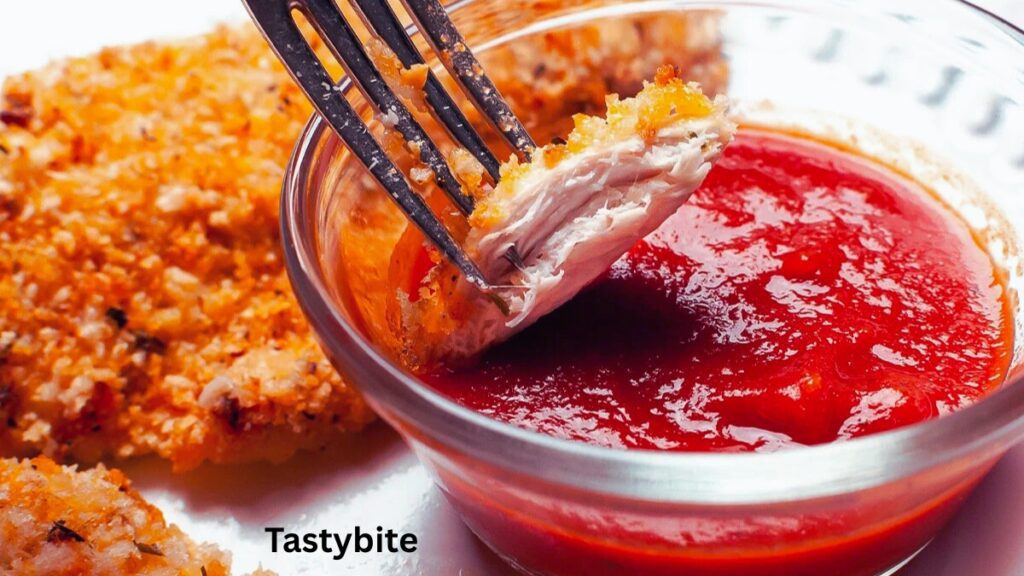 Dipping panko-crusted chicken in Marina sauce