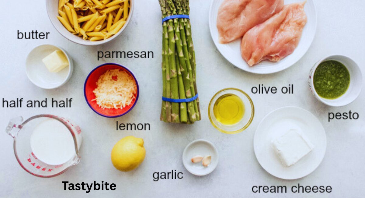 Ingredients needed for chicken asparagus pasta