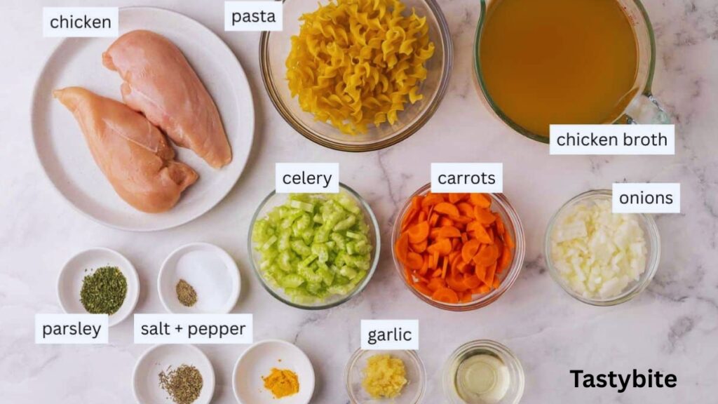 Ingredients for Ina Garten's chicken noodle soup